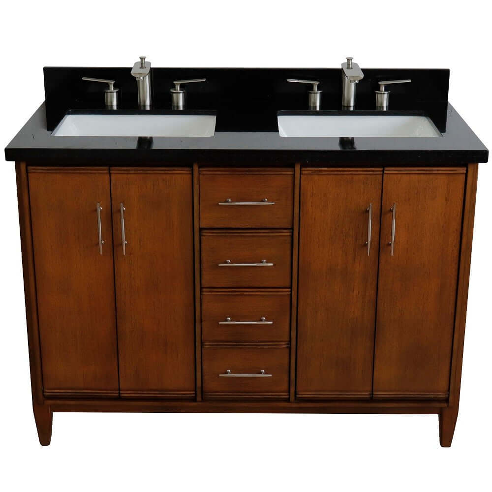 49" Double sink vanity in Walnut finish with Black galaxy granite and rectangle sink - 400901-49D-WA-BGR