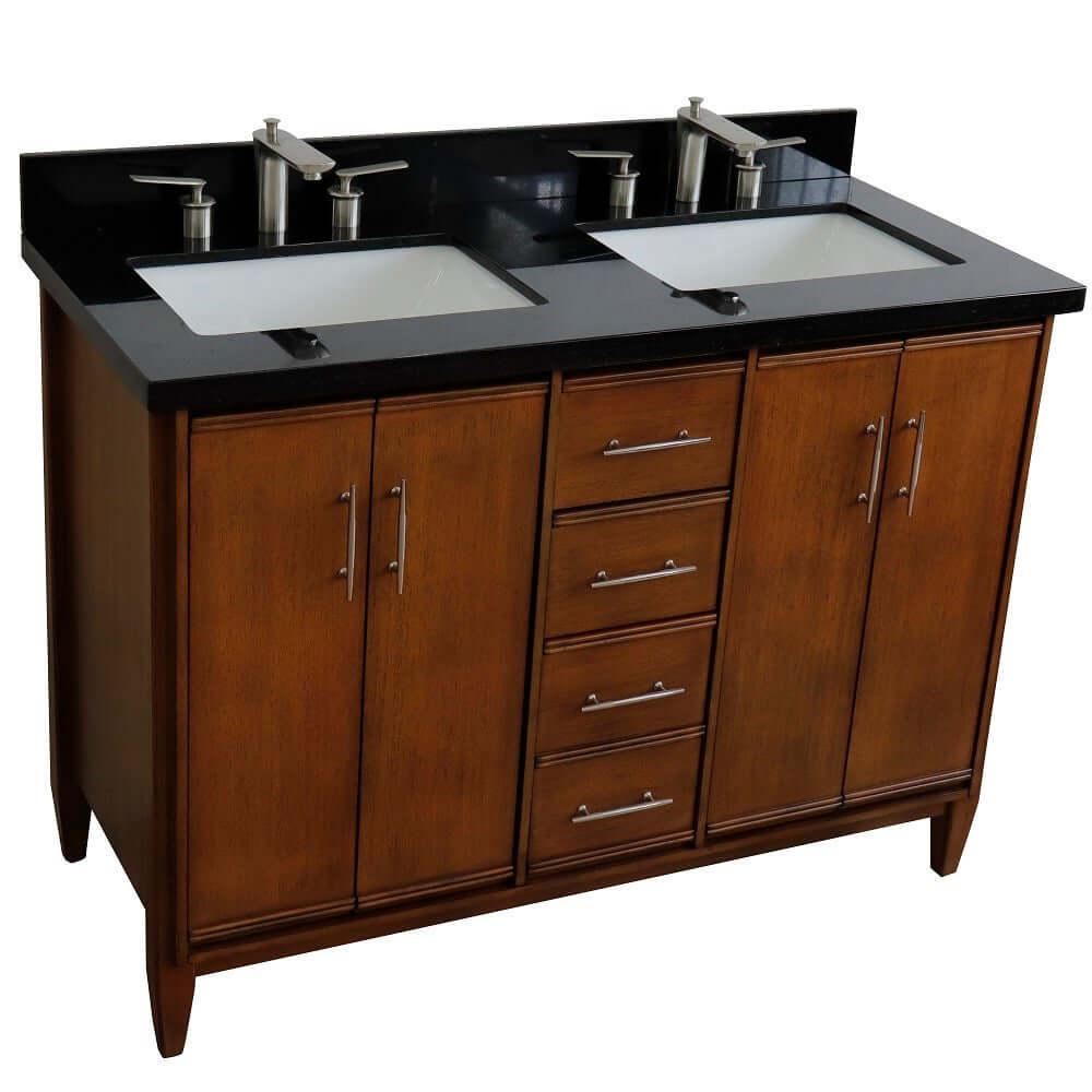 49" Double sink vanity in Walnut finish with Black galaxy granite and rectangle sink - 400901-49D-WA-BGR