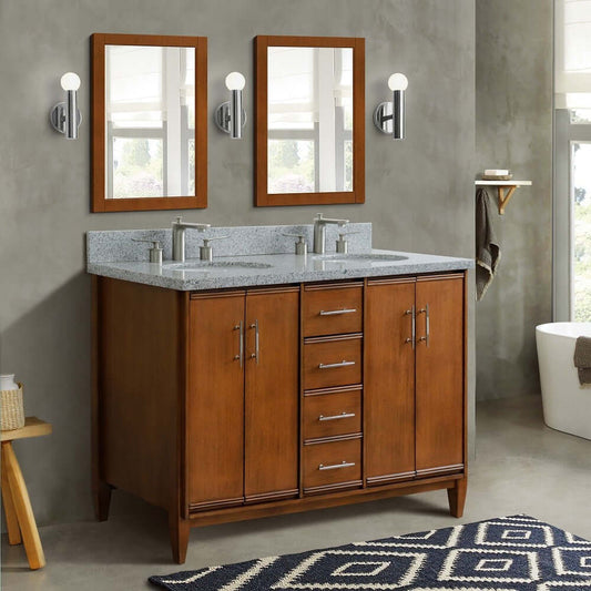 49" Double sink vanity in Walnut finish with Gray granite and oval sink - 400901-49D-WA-GYO