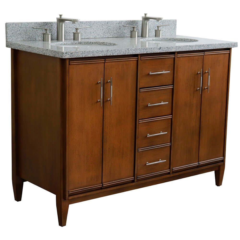 49" Double sink vanity in Walnut finish with Gray granite and oval sink - 400901-49D-WA-GYO