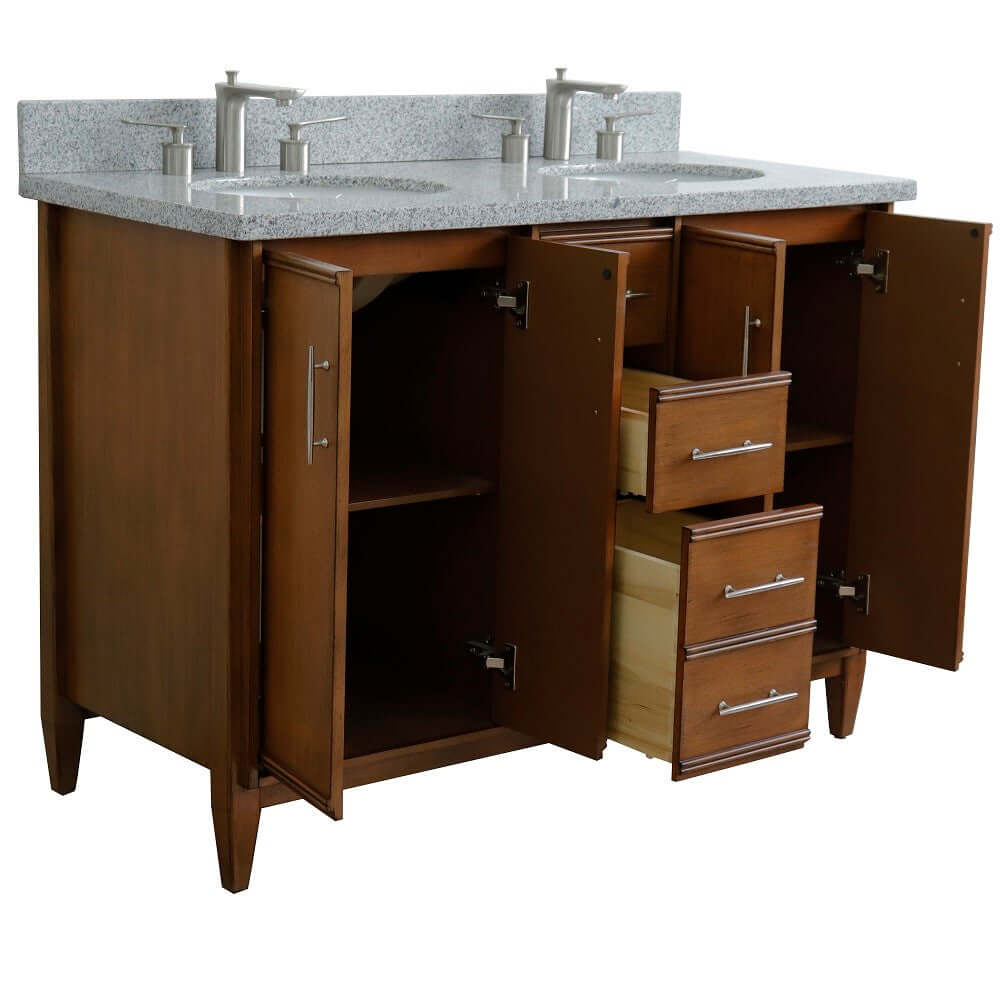 49" Double sink vanity in Walnut finish with Gray granite and oval sink - 400901-49D-WA-GYO