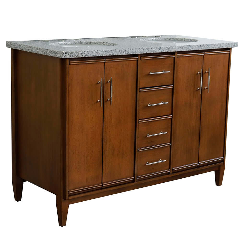 49" Double sink vanity in Walnut finish with Gray granite and oval sink - 400901-49D-WA-GYO