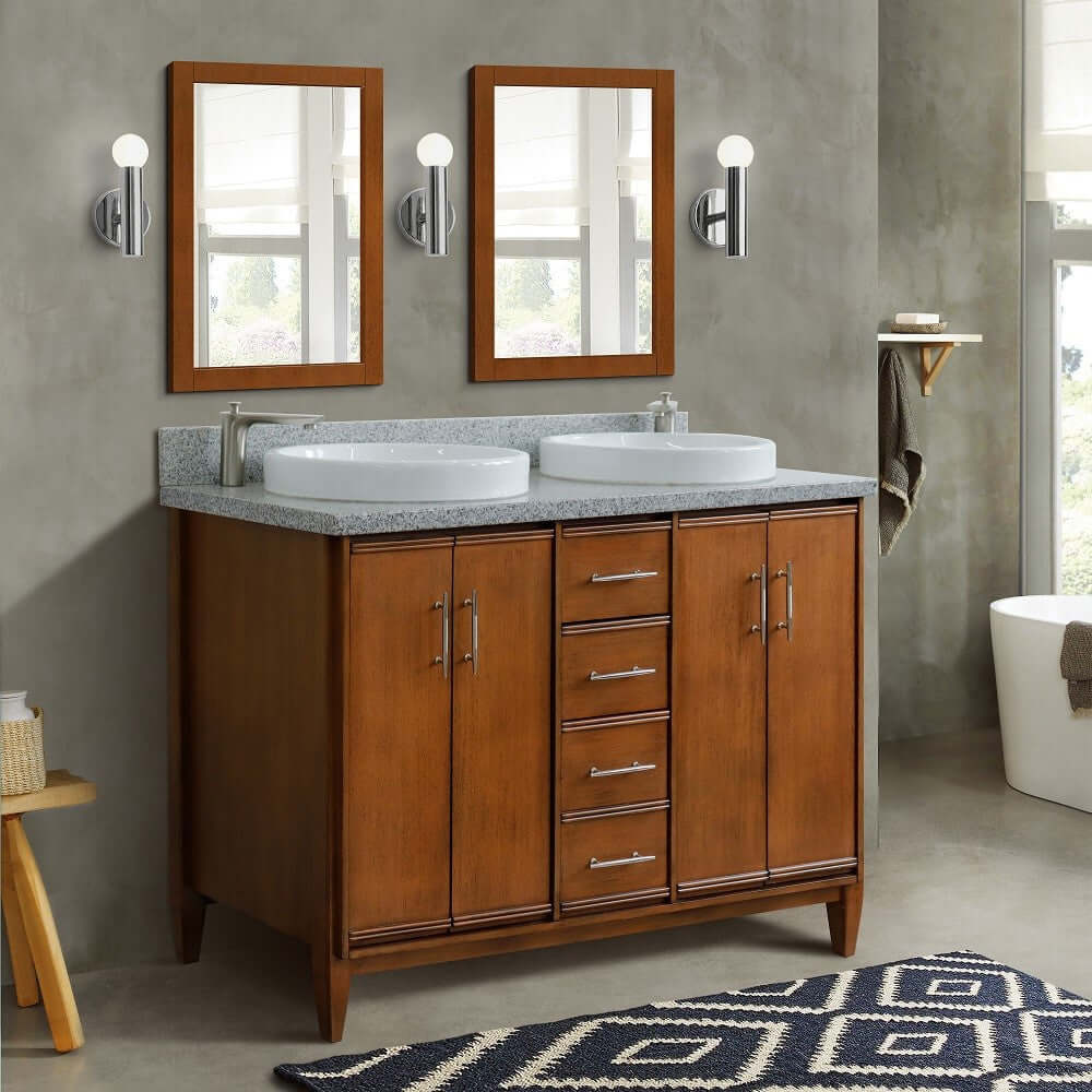 49" Double sink vanity in Walnut finish with Gray granite and round sink - 400901-49D-WA-GYRD