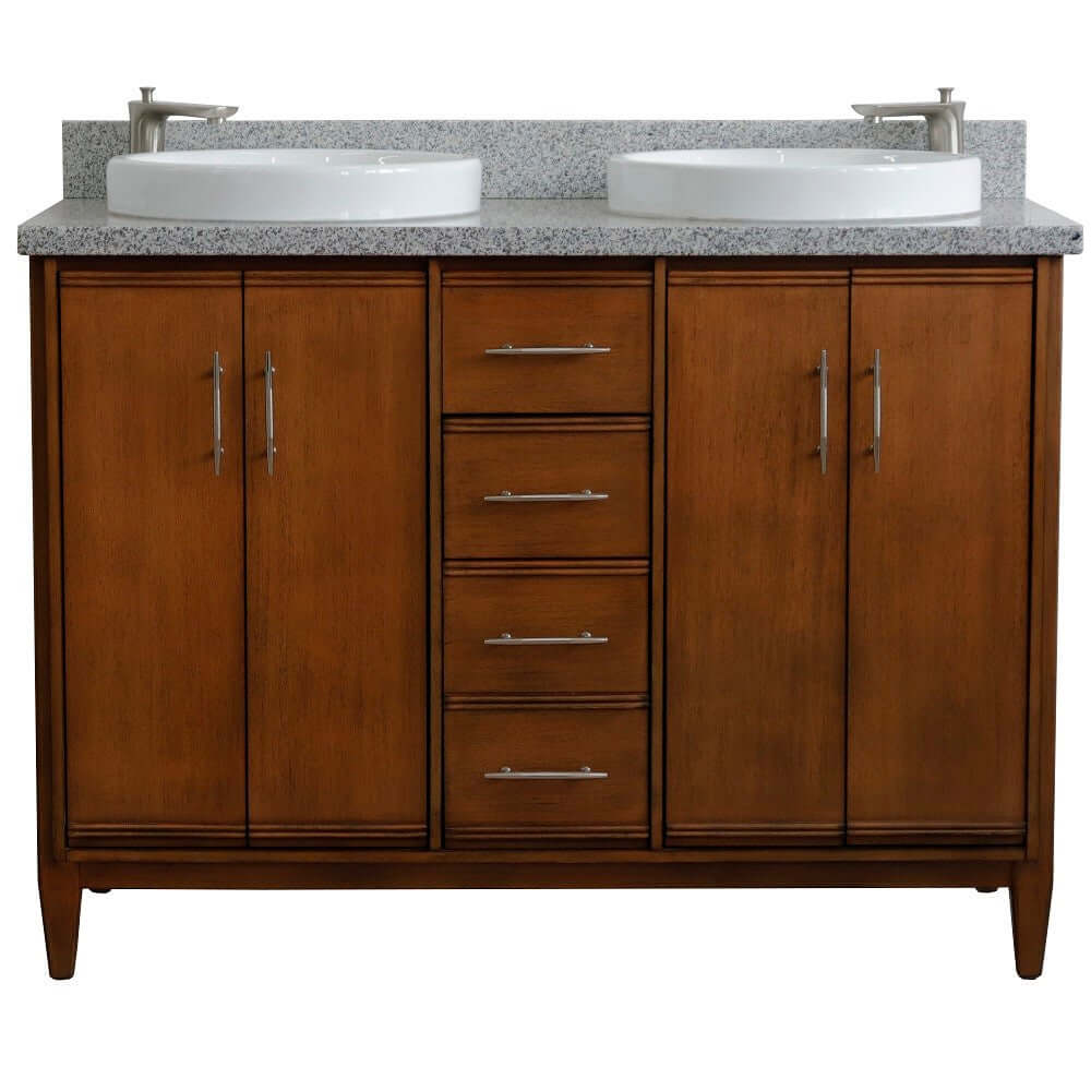 49" Double sink vanity in Walnut finish with Gray granite and round sink - 400901-49D-WA-GYRD