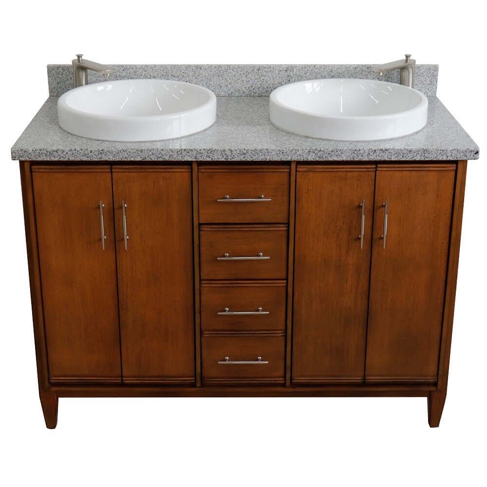 49" Double sink vanity in Walnut finish with Gray granite and round sink - 400901-49D-WA-GYRD