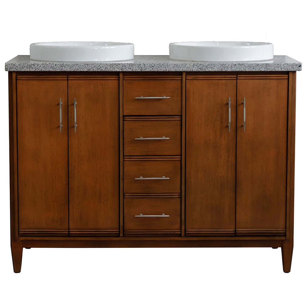 49" Double sink vanity in Walnut finish with Gray granite and round sink - 400901-49D-WA-GYRD