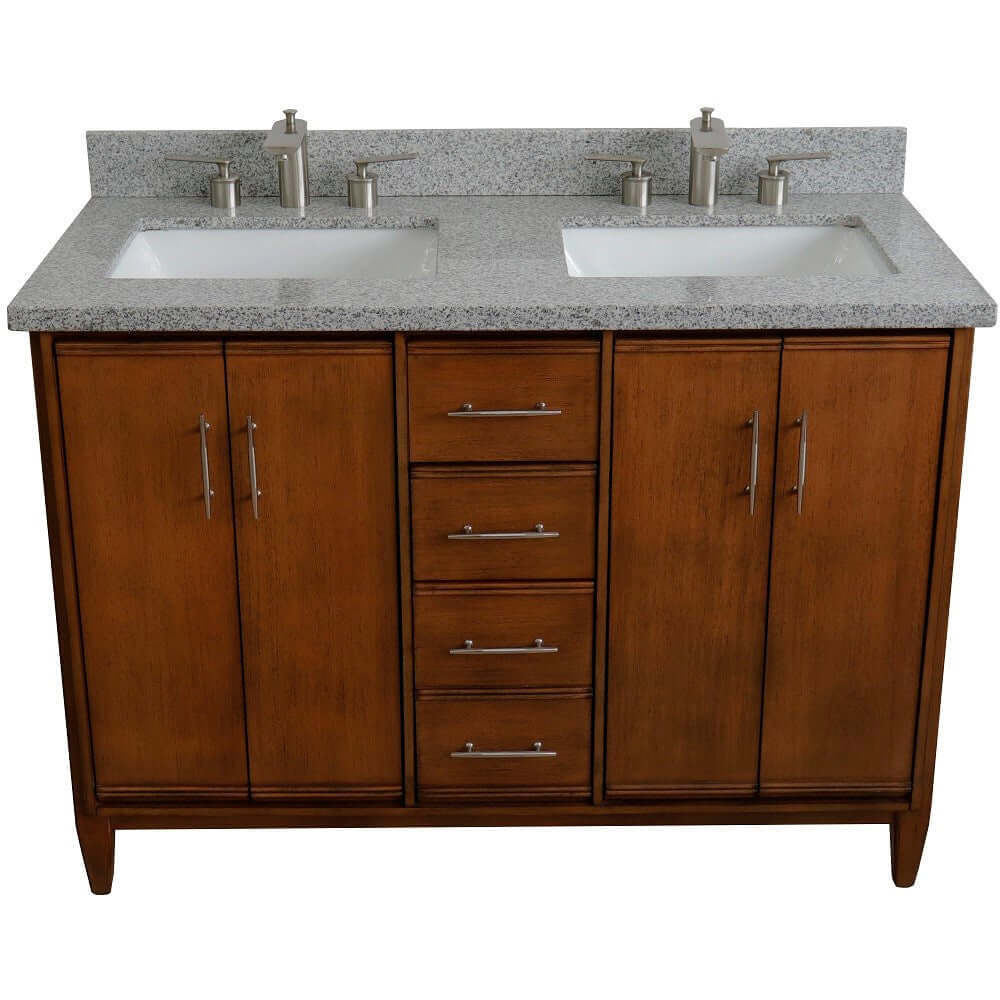 49" Double sink vanity in Walnut finish with Gray granite and rectangle sink - 400901-49D-WA-GYR