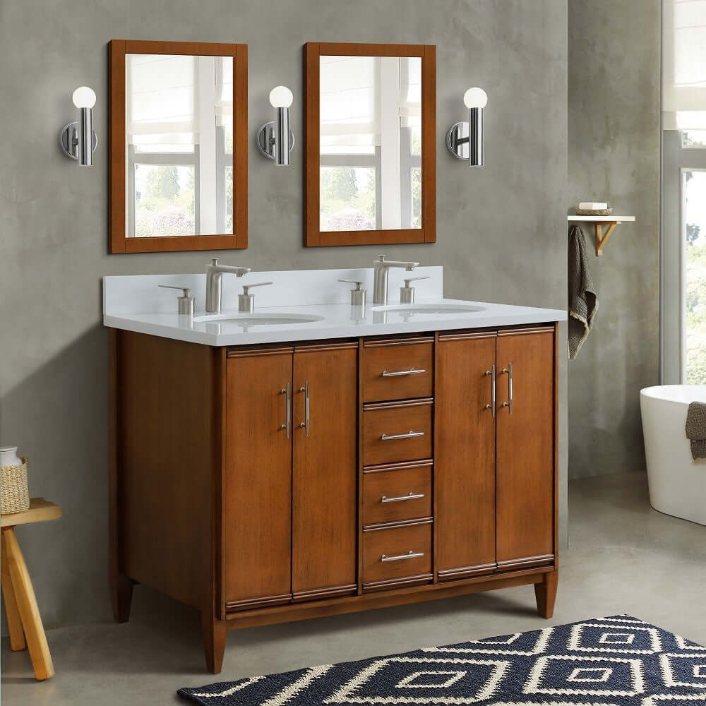 49" Double sink vanity in Walnut finish with White quartz and oval sink - 400901-49D-WA-WEO