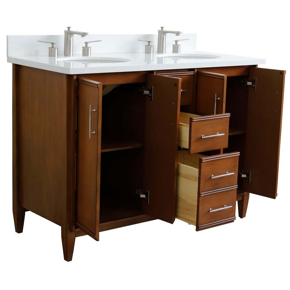 49" Double sink vanity in Walnut finish with White quartz and oval sink - 400901-49D-WA-WEO