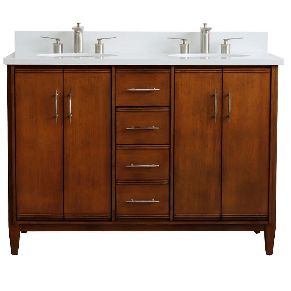 49" Double sink vanity in Walnut finish with White quartz and oval sink - 400901-49D-WA-WEO