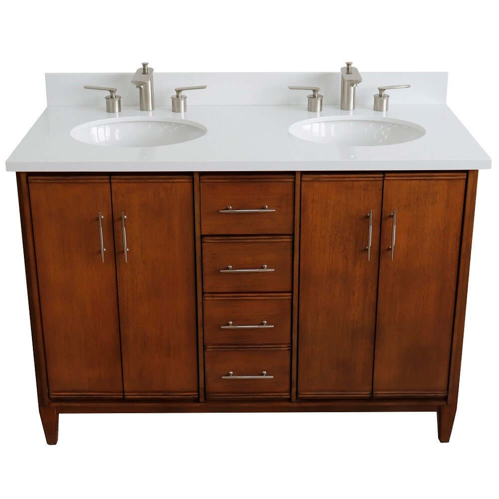 49" Double sink vanity in Walnut finish with White quartz and oval sink - 400901-49D-WA-WEO