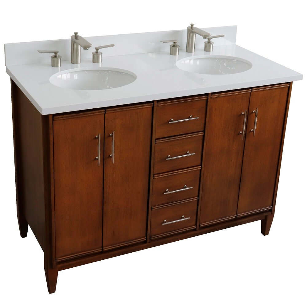 49" Double sink vanity in Walnut finish with White quartz and oval sink - 400901-49D-WA-WEO