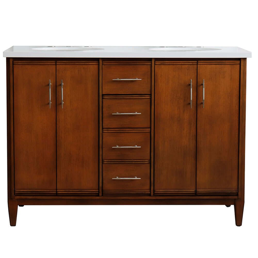 49" Double sink vanity in Walnut finish with White quartz and oval sink - 400901-49D-WA-WEO