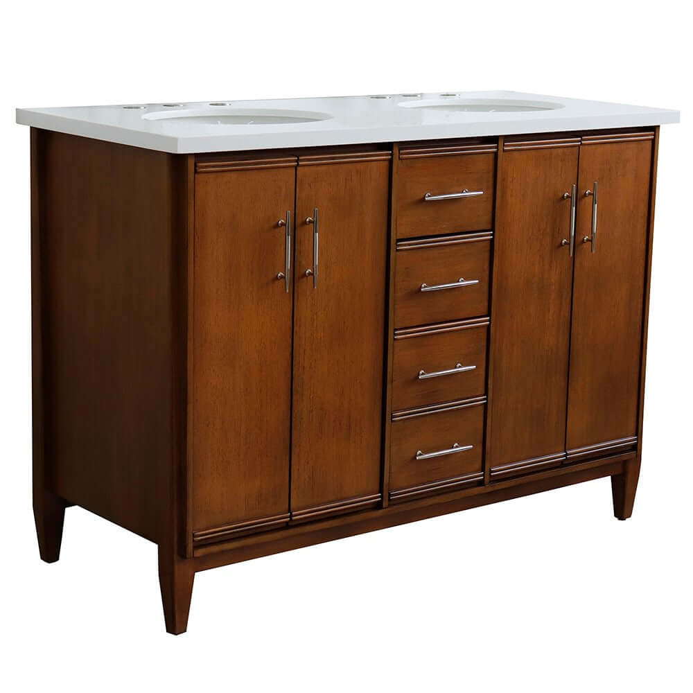 49" Double sink vanity in Walnut finish with White quartz and oval sink - 400901-49D-WA-WEO