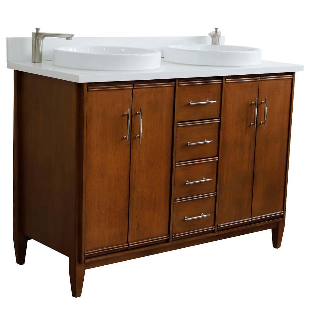 49" Double sink vanity in Walnut finish with White quartz and round sink - 400901-49D-WA-WERD