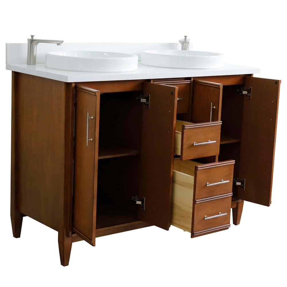 49" Double sink vanity in Walnut finish with White quartz and round sink - 400901-49D-WA-WERD