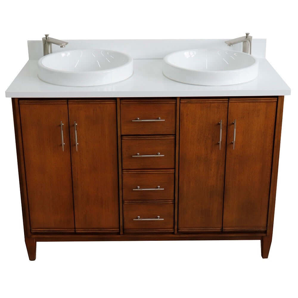 49" Double sink vanity in Walnut finish with White quartz and round sink - 400901-49D-WA-WERD