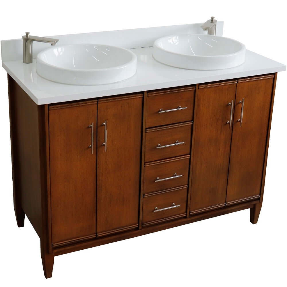 49" Double sink vanity in Walnut finish with White quartz and round sink - 400901-49D-WA-WERD