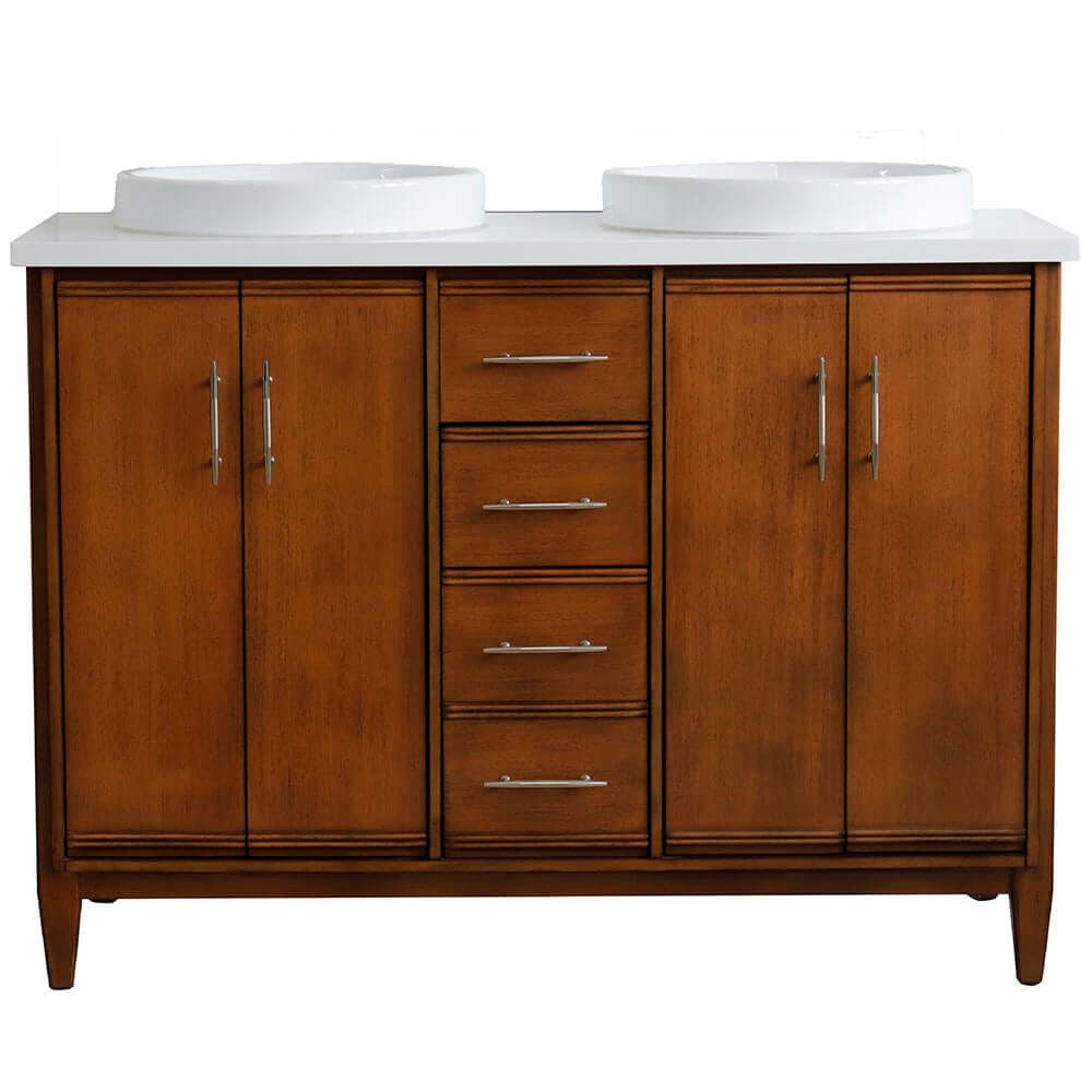 49" Double sink vanity in Walnut finish with White quartz and round sink - 400901-49D-WA-WERD