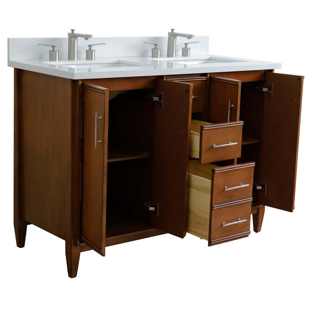 49" Double sink vanity in Walnut finish with White quartz and rectangle sink - 400901-49D-WA-WER