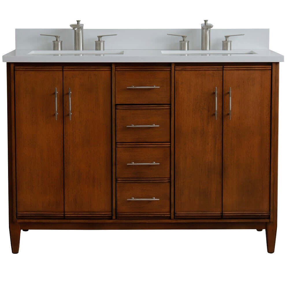 49" Double sink vanity in Walnut finish with White quartz and rectangle sink - 400901-49D-WA-WER