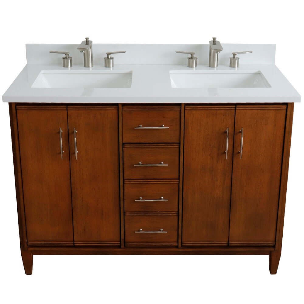 49" Double sink vanity in Walnut finish with White quartz and rectangle sink - 400901-49D-WA-WER