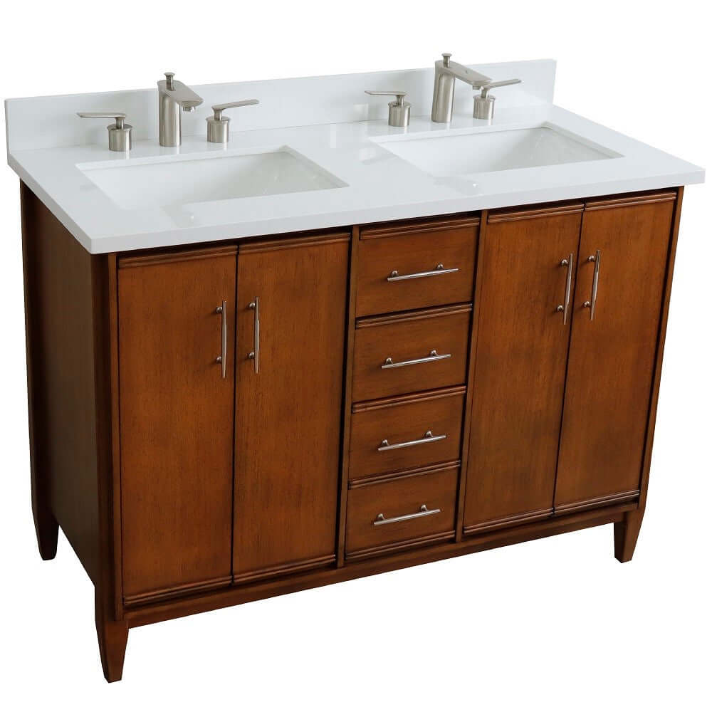 49" Double sink vanity in Walnut finish with White quartz and rectangle sink - 400901-49D-WA-WER