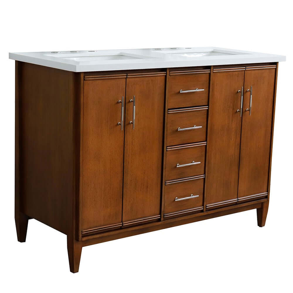 49" Double sink vanity in Walnut finish with White quartz and rectangle sink - 400901-49D-WA-WER