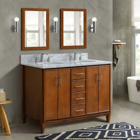 49" Double sink vanity in Walnut finish with White Carrara marble and oval sink - 400901-49D-WA-WMO