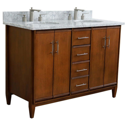 49" Double sink vanity in Walnut finish with White Carrara marble and oval sink - 400901-49D-WA-WMO