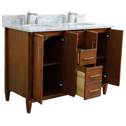 49" Double sink vanity in Walnut finish with White Carrara marble and oval sink - 400901-49D-WA-WMO