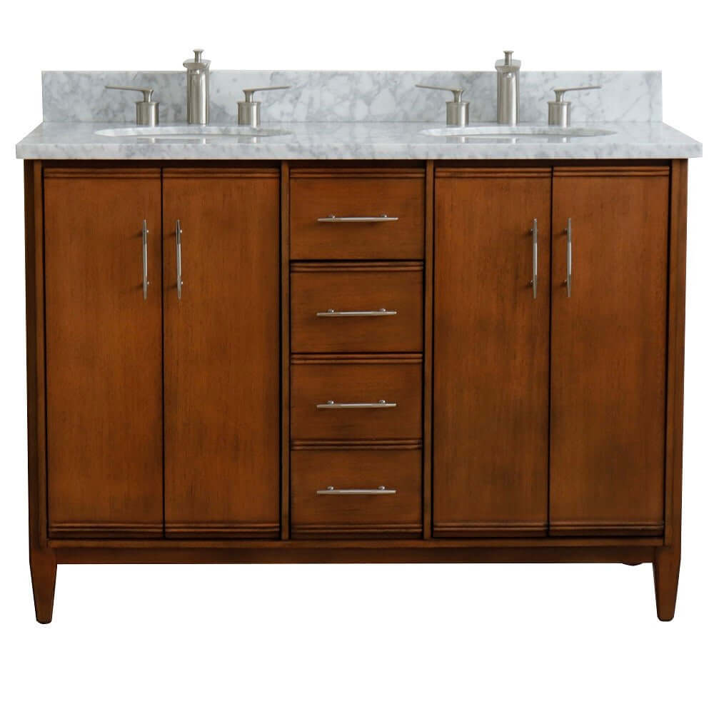 49" Double sink vanity in Walnut finish with White Carrara marble and oval sink - 400901-49D-WA-WMO