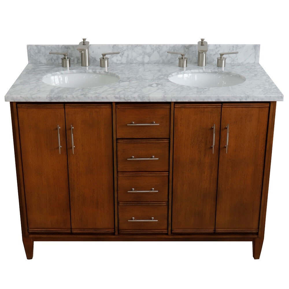 49" Double sink vanity in Walnut finish with White Carrara marble and oval sink - 400901-49D-WA-WMO