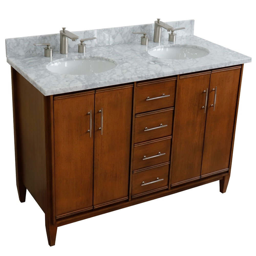 49" Double sink vanity in Walnut finish with White Carrara marble and oval sink - 400901-49D-WA-WMO