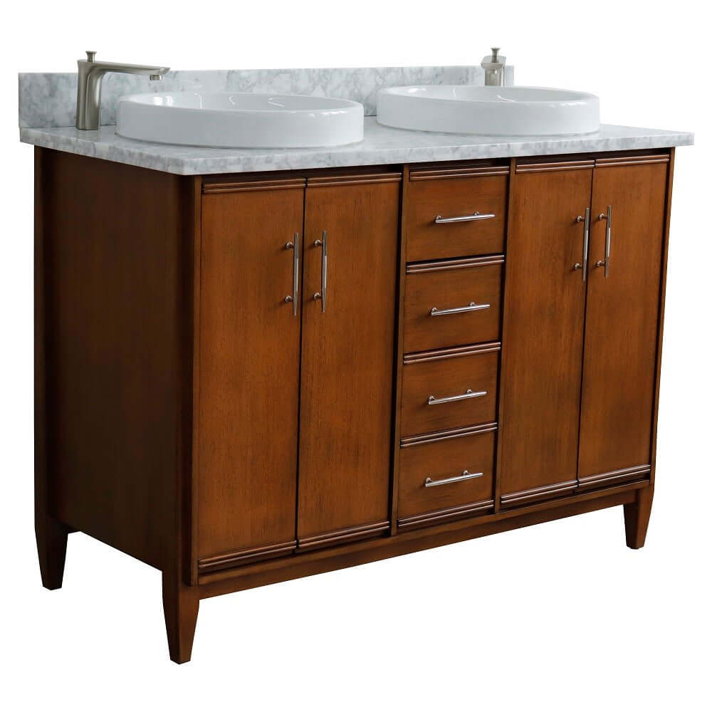 49" Double sink vanity in Walnut finish with White Carrara marble and round sink - 400901-49D-WA-WMRD