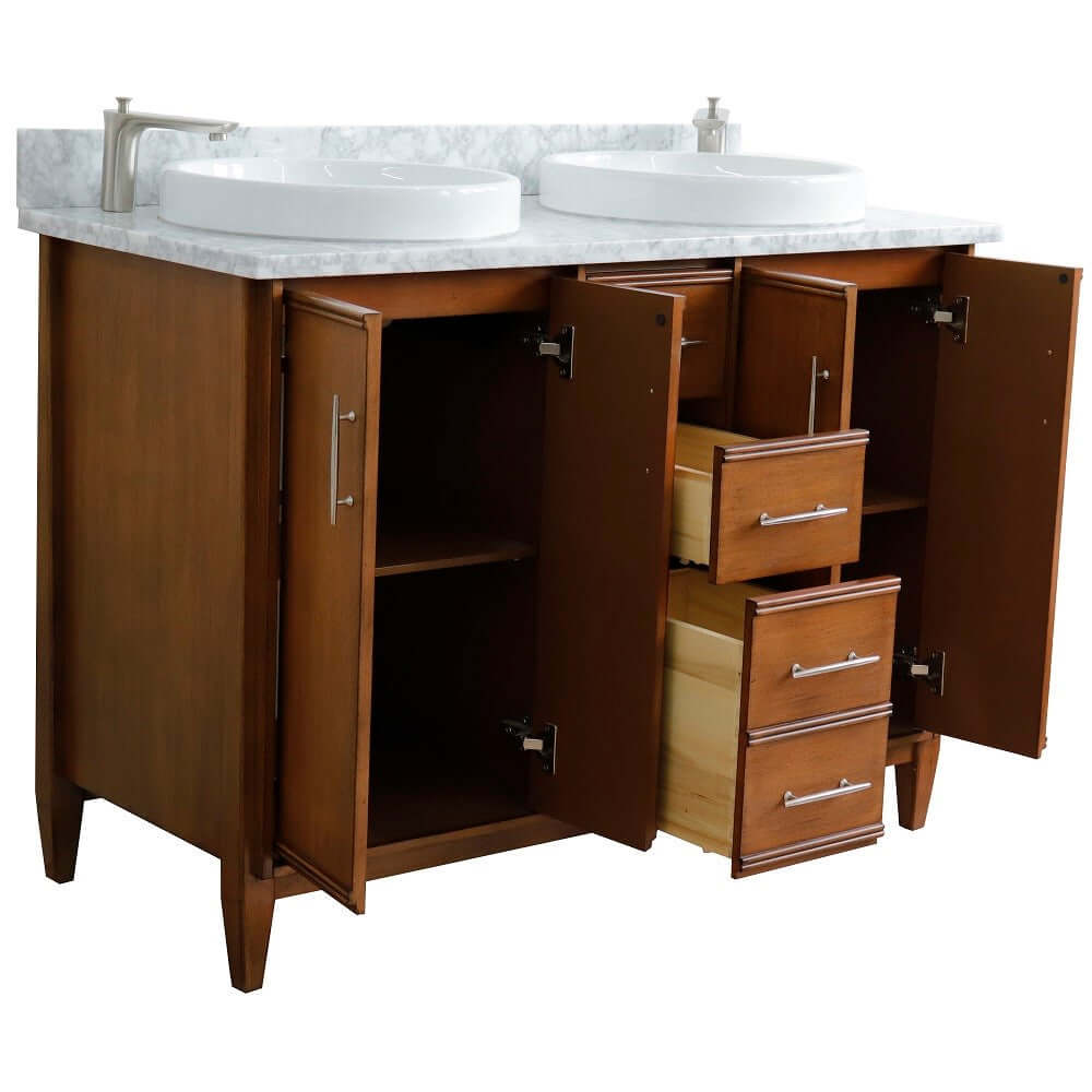 49" Double sink vanity in Walnut finish with White Carrara marble and round sink - 400901-49D-WA-WMRD