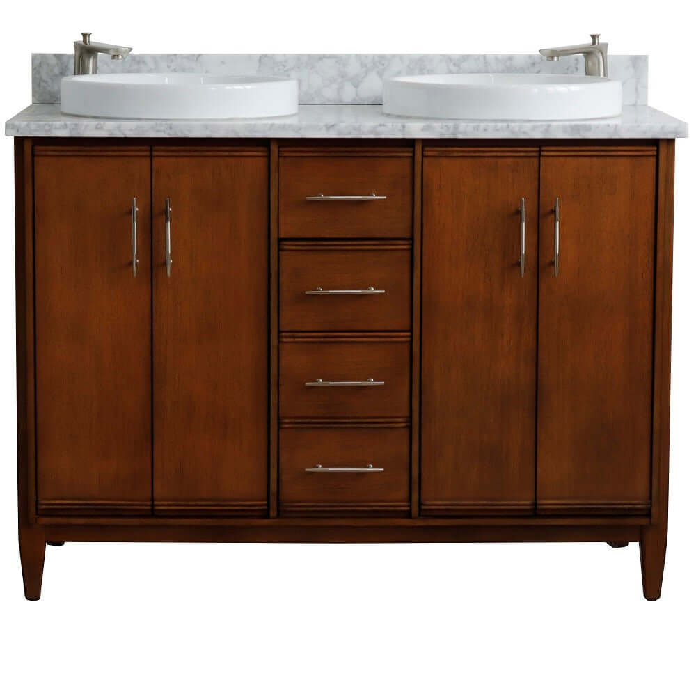 49" Double sink vanity in Walnut finish with White Carrara marble and round sink - 400901-49D-WA-WMRD