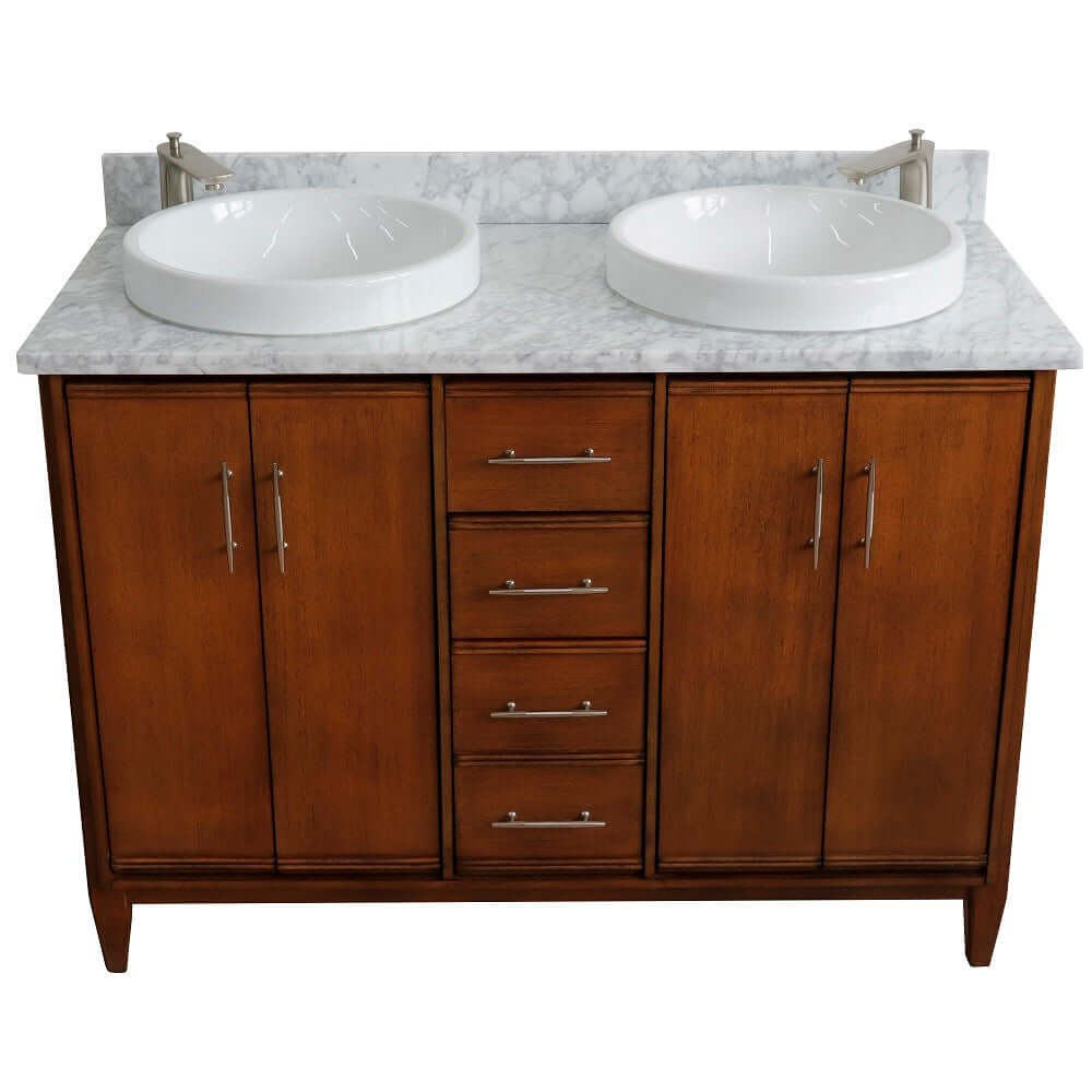 49" Double sink vanity in Walnut finish with White Carrara marble and round sink - 400901-49D-WA-WMRD