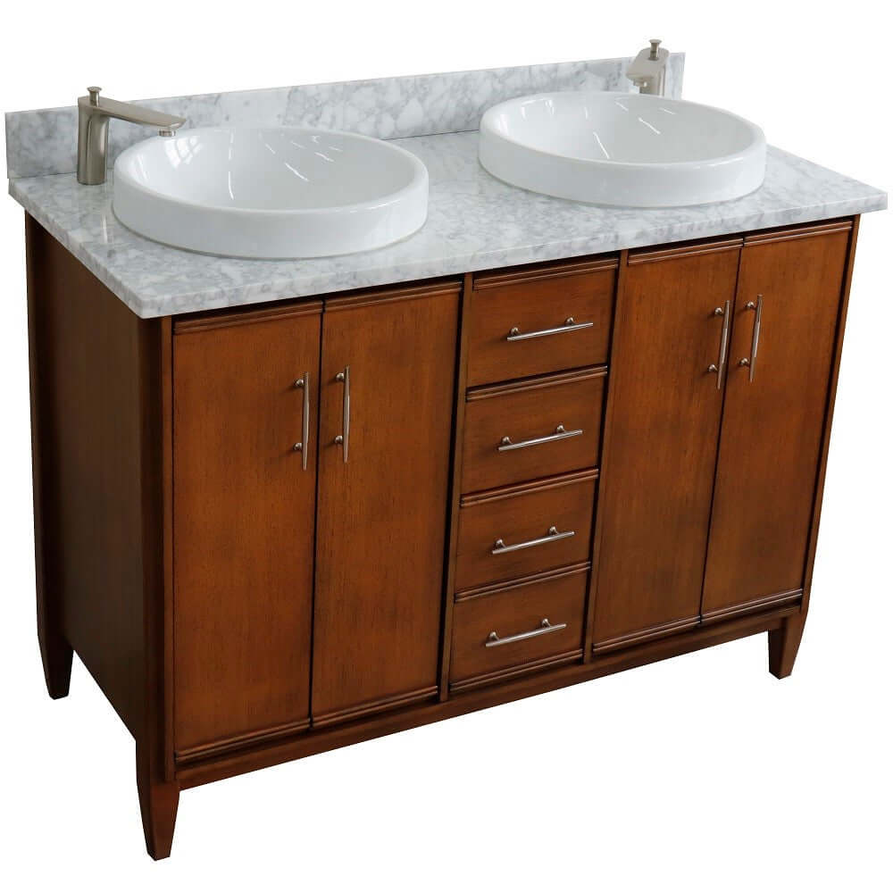 49" Double sink vanity in Walnut finish with White Carrara marble and round sink - 400901-49D-WA-WMRD