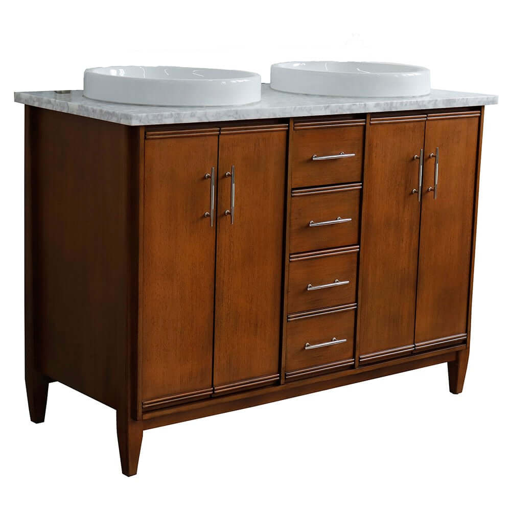 49" Double sink vanity in Walnut finish with White Carrara marble and round sink - 400901-49D-WA-WMRD