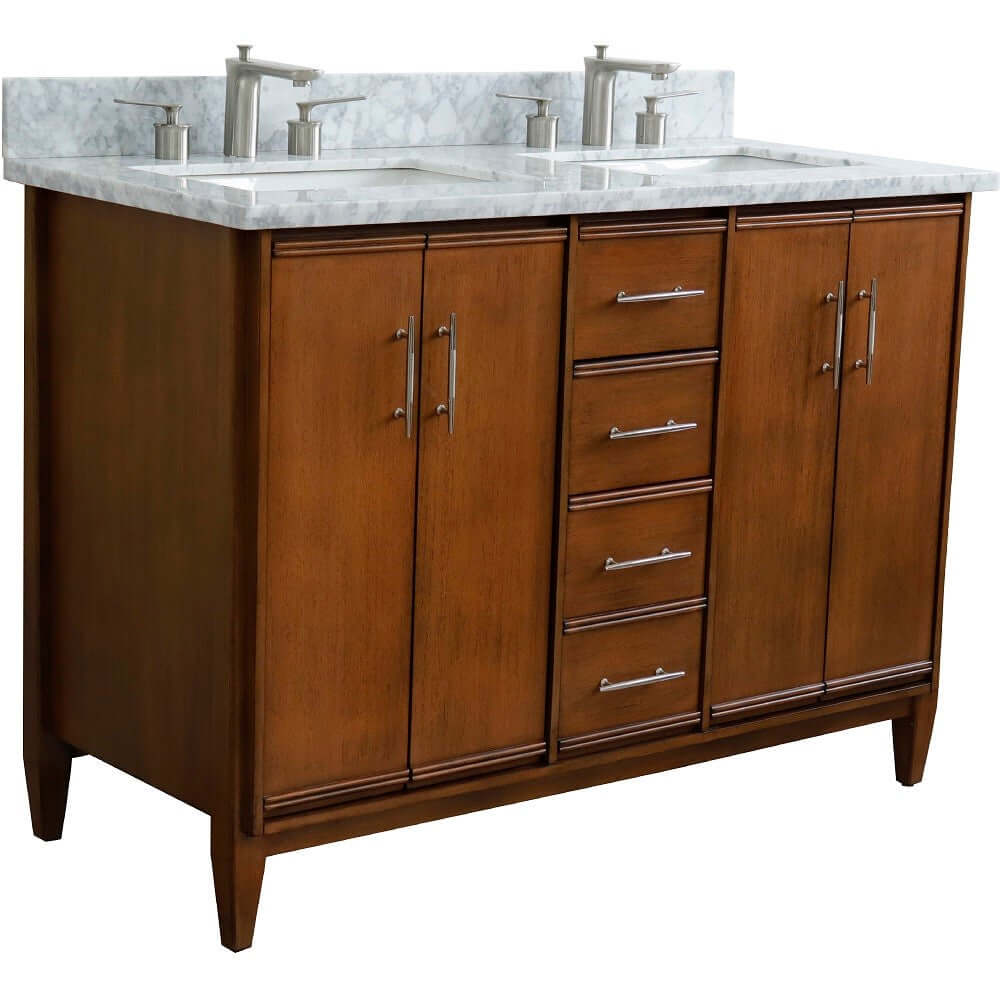 49" Double sink vanity in Walnut finish with White Carrara marble and rectangle sink - 400901-49D-WA-WMR