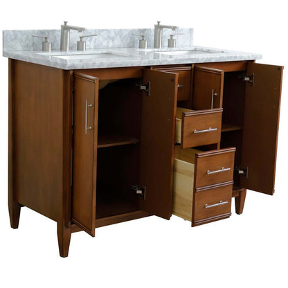 49" Double sink vanity in Walnut finish with White Carrara marble and rectangle sink - 400901-49D-WA-WMR