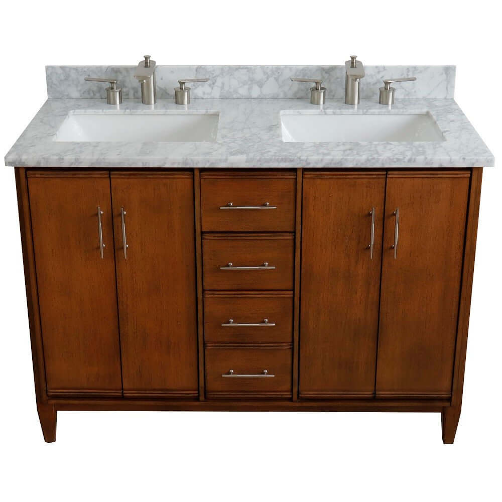 49" Double sink vanity in Walnut finish with White Carrara marble and rectangle sink - 400901-49D-WA-WMR