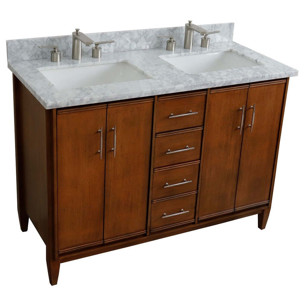 49" Double sink vanity in Walnut finish with White Carrara marble and rectangle sink - 400901-49D-WA-WMR