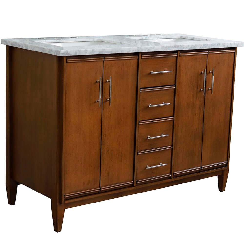 49" Double sink vanity in Walnut finish with White Carrara marble and rectangle sink - 400901-49D-WA-WMR