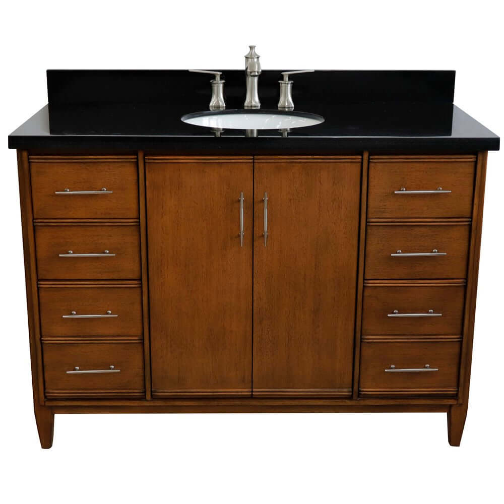 49" Single sink vanity in Walnut finish with Black galaxy granite and oval sink - 400901-49S-WA-BGO