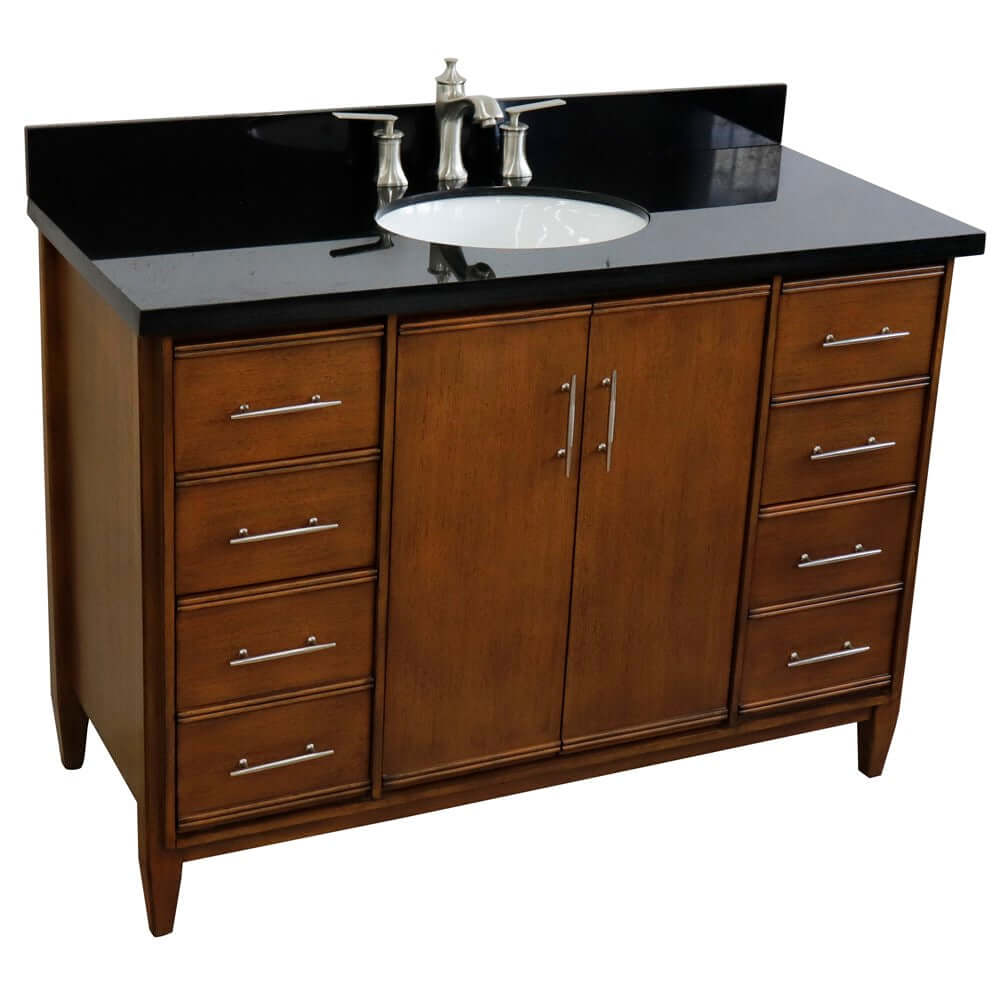 49" Single sink vanity in Walnut finish with Black galaxy granite and oval sink - 400901-49S-WA-BGO