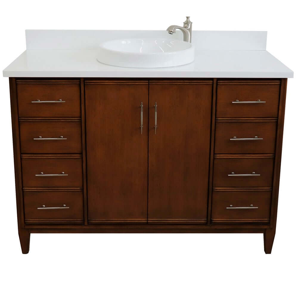 49" Single sink vanity in Walnut finish with White quartz and round sink - 400901-49S-WA-WERD