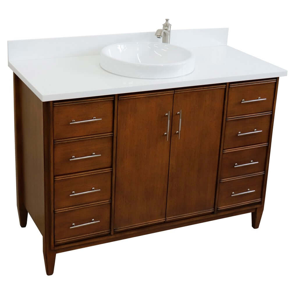 49" Single sink vanity in Walnut finish with White quartz and round sink - 400901-49S-WA-WERD