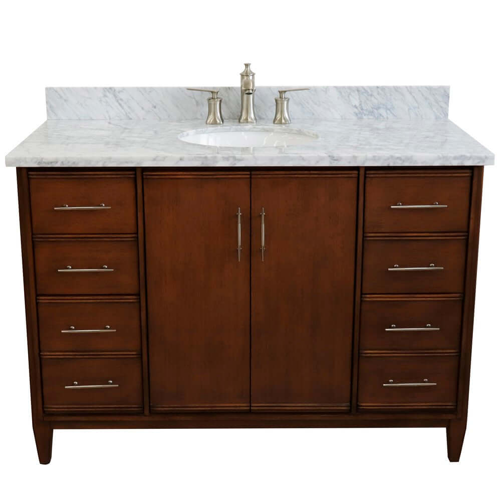 49" Single sink vanity in Walnut finish with White Carrara marble and oval sink - 400901-49S-WA-WMO